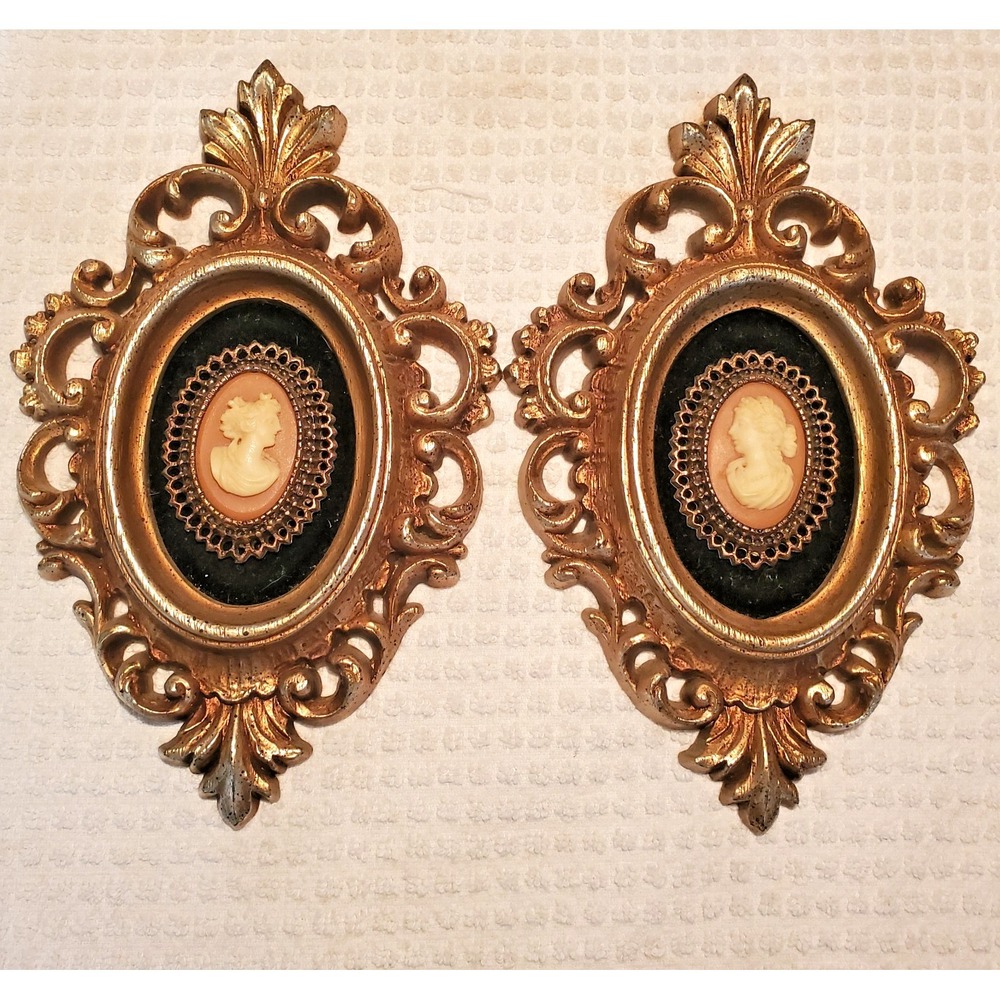 2 Vtg Burwood Wall Plaque Victorian Framed Cameo Arabesque Romantic Brooch Style